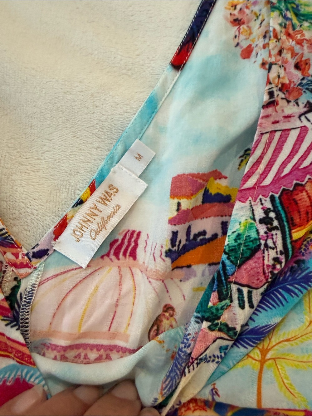 Johnny Was Cannes Cover-Up Dress colorful Mediterranean scene rayon M Ik1 - Picture 2 of 5